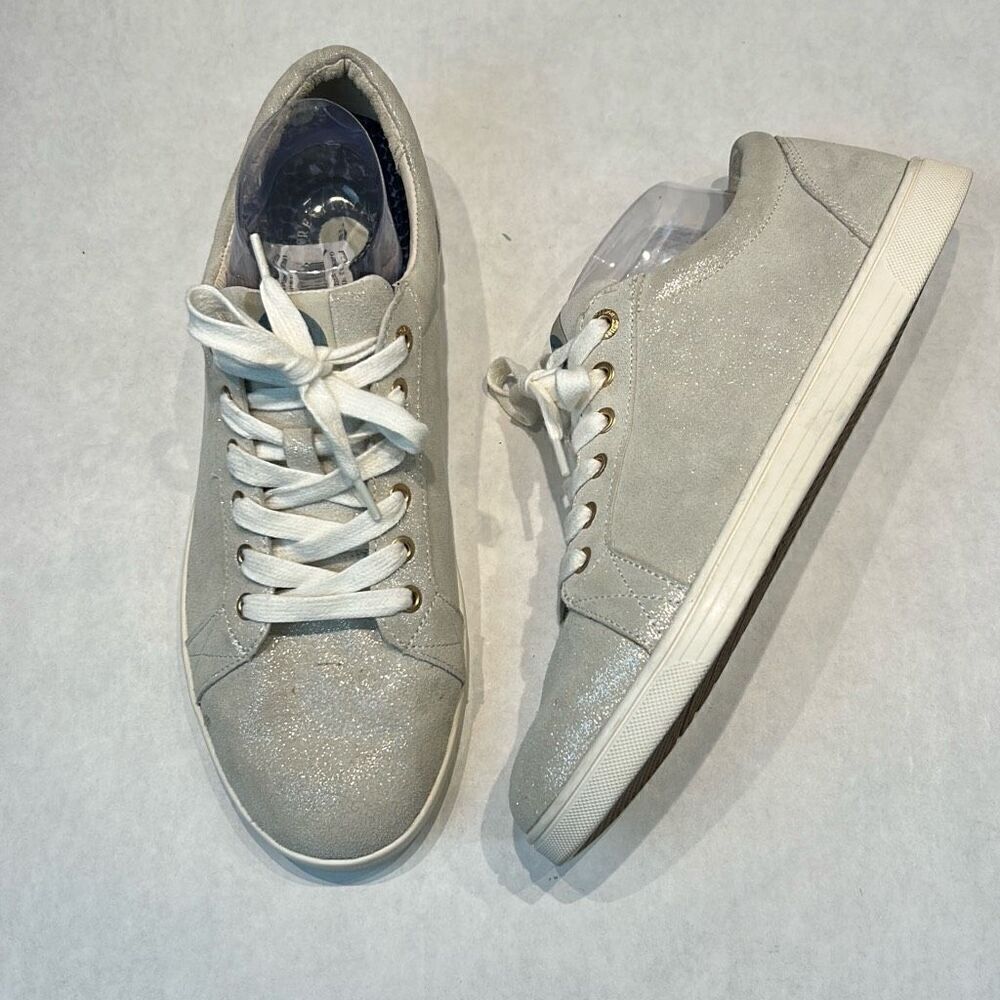 Spenco Revitalign Empire Leather Tennis Shoes Sz 11 Oatmeal Shimmer Sparkle Lace
